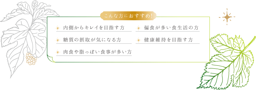 こんな方におすすめ！ 内側からキレイを目指す方 偏食が多い食生活の方 糖質の摂取が気になる方 健康維持を目指す方 肉食や脂っぽい食事が多い方