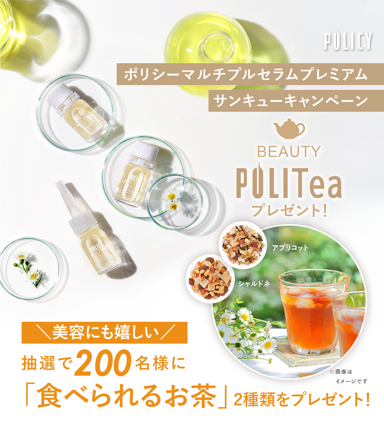 ポリシーマルチプルセラムプレミアム プレゼントキャンペーン 抽選で200名様に美容にも嬉しい「食べられるお茶」2種類をプレゼント