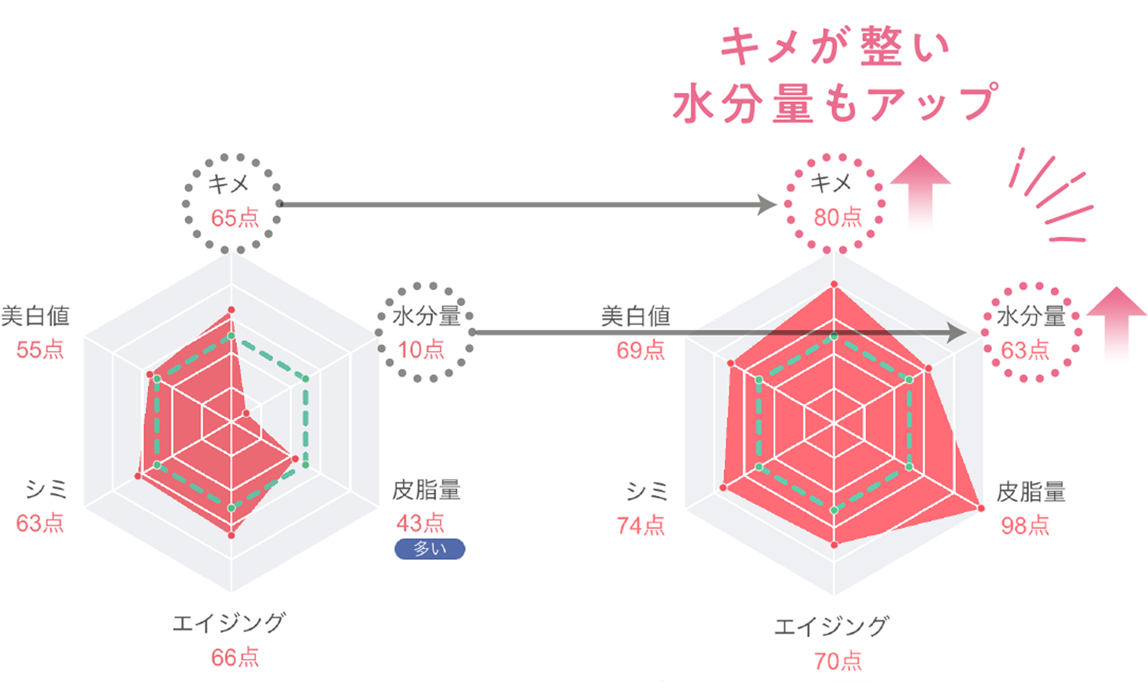 美肌項目診断チャート：キメ・水分量・皮脂量などが大幅改善