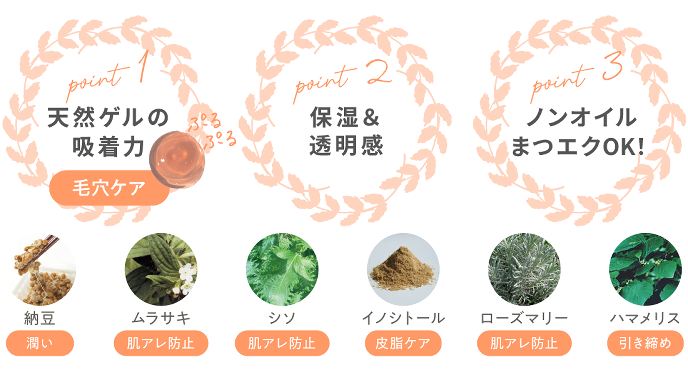 point1 天然ゲルの吸着力・毛穴ケア point2 保湿＆透明感 point3 ノンオイルまつエクOK 配合成分：納豆・ムラサキ・シソ・イノシトール・ローズマリー・ハマメリス